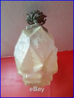 Chandelier lanterne lustre art deco verre moulé et bronze des hanots j. Robert