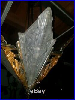 Chandelier lustre art deco pate de verre bronze des hanots j. Robert degue muller