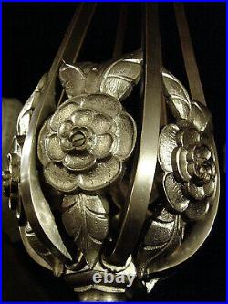 Cherrier & Besnus Lustre Art Déco Bronze Nickelé & Globes En Verre Pressé 1930