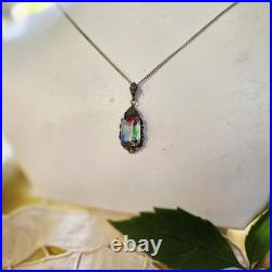 Collier Style Art Déco Argent 835, Marcassites & Verre Irisé