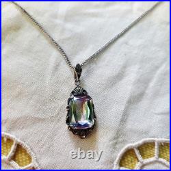 Collier Style Art Déco Argent 835, Marcassites & Verre Irisé