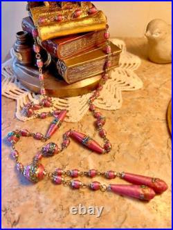 Collier perles verre Murano feuilleté lampwork fin du jour rose Art Déco