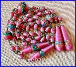 Collier perles verre Murano feuilleté lampwork fin du jour rose Art Déco