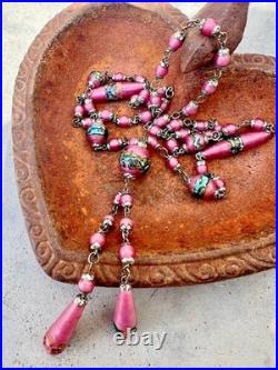Collier perles verre Murano feuilleté lampwork fin du jour rose Art Déco
