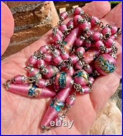 Collier perles verre Murano feuilleté lampwork fin du jour rose Art Déco