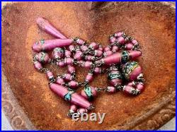 Collier perles verre Murano feuilleté lampwork fin du jour rose Art Déco