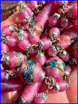 Collier perles verre Murano feuilleté lampwork fin du jour rose Art Déco