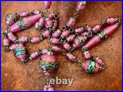 Collier perles verre Murano feuilleté lampwork fin du jour rose Art Déco