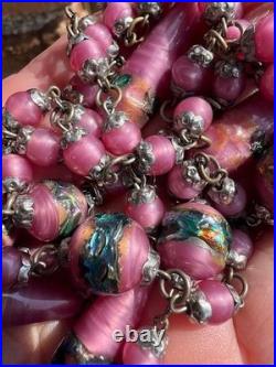 Collier perles verre Murano feuilleté lampwork fin du jour rose Art Déco