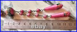 Collier perles verre Murano feuilleté lampwork fin du jour rose Art Déco