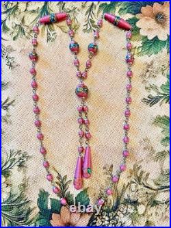 Collier perles verre Murano feuilleté lampwork fin du jour rose Art Déco