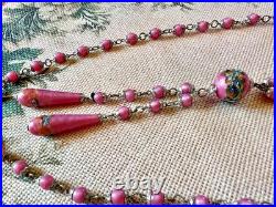 Collier perles verre Murano feuilleté lampwork fin du jour rose Art Déco