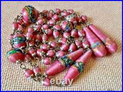 Collier perles verre Murano feuilleté lampwork fin du jour rose Art Déco