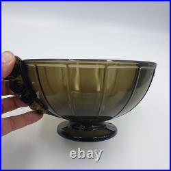 Coupe Art Deco En Verre Moule Presse Ambre Poignees Decor Geometrique 1930