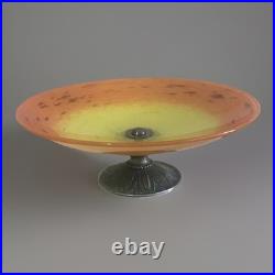 Coupe Schneider Art Déco sur pied bronze Verre marmoréen orange / jaune Signée