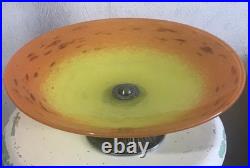 Coupe Schneider Art Déco sur pied bronze Verre marmoréen orange / jaune Signée