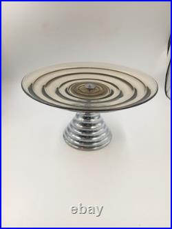 Coupe Verre Fumé Pied Aluminium Chromé Art Déco Steamline France Année 1940 1950
