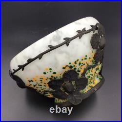 Coupe en Pâte de Verre Moucheté et Fer Forgé Art Déco 1920-30 Décor de Feuillage