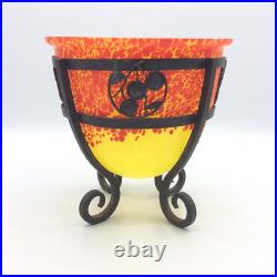Coupe en verre soufflé moucheté et fer forgé martelé signé Moda Art Déco