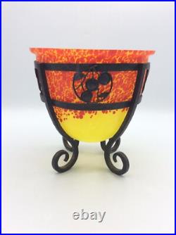 Coupe en verre soufflé moucheté et fer forgé martelé signé Moda Art Déco