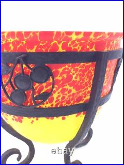 Coupe en verre soufflé moucheté et fer forgé martelé signé Moda Art Déco