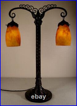 DAUM NANCY Grande lampe double art déco fer forgé & tulipes pâte en de verre