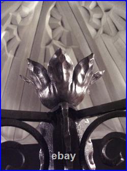 Degué Grande Lampe Art Déco En Fer Forgé Et Dôme En Verre Pressé Signé 1930