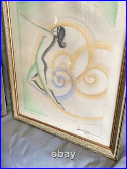Dessins originaux Art Déco 1929 la paire 39x47 cm sous verre