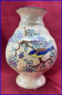 Dubois Bird Vase Oiseaux Craquele Emaille Art Deco Belgique Belge Mons Wallonne