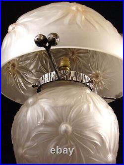 Edmond Etling Grande Lampe Champignon Art Déco Aux Dahlias En Verre Pressé 1930