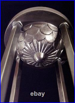 Ejg Lustre Art Déco En Bronze Nickelé Et Tulipes En Verre Pressé 1930