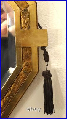 Exceptionnel Miroir Art Déco Moulures Dorures Verre Biseauté Pompon en Métal