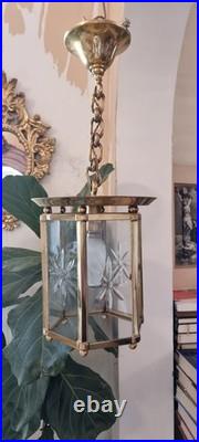 French Art Deco Bronze lustre in hexagonal shape with six thick cut glass panels
