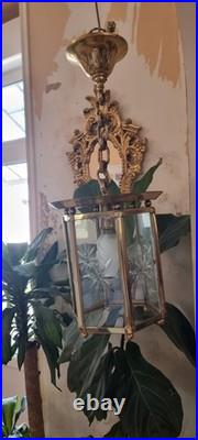 French Art Deco Bronze lustre in hexagonal shape with six thick cut glass panels