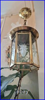 French Art Deco Bronze lustre in hexagonal shape with six thick cut glass panels