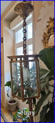 French Art Deco Bronze lustre in hexagonal shape with six thick cut glass panels