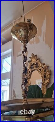 French Art Deco Bronze lustre in hexagonal shape with six thick cut glass panels
