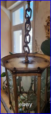 French Art Deco Bronze lustre in hexagonal shape with six thick cut glass panels
