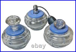 GARNITURE de TOILETTE ART DÉCO Verre peint en bleu Tchécoslovaquie Czech glass