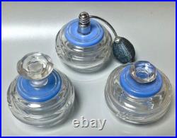 GARNITURE de TOILETTE ART DÉCO Verre peint en bleu Tchécoslovaquie Czech glass