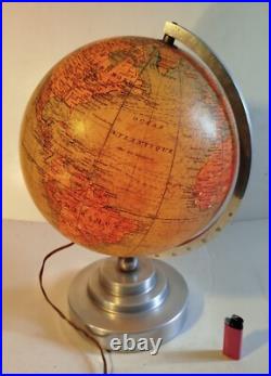 Globe terrestre ancien en verre éclairage mappemonde art déco