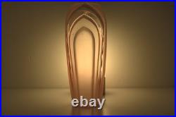 Grand Vase Art Deco Eventail Gratte-Ciel Verre Presse Rose Satine Acide 1930