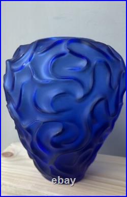 Grand Vase Art deco Bleu France Cristalerie de Haute Bretagne cristal verre poli