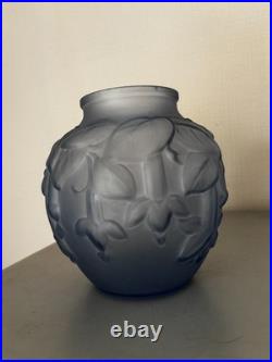 Grand Vase Boule Verre Depoli Bleu Fume Ipomees Volubilis Art Deco 1930 H20cm