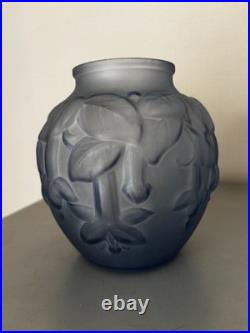 Grand Vase Boule Verre Depoli Bleu Fume Ipomees Volubilis Art Deco 1930 H20cm