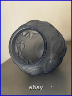 Grand Vase Boule Verre Depoli Bleu Fume Ipomees Volubilis Art Deco 1930 H20cm