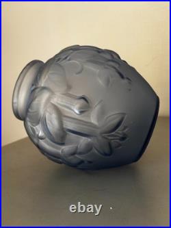 Grand Vase Boule Verre Depoli Bleu Fume Ipomees Volubilis Art Deco 1930 H20cm