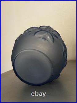 Grand Vase Boule Verre Depoli Bleu Fume Ipomees Volubilis Art Deco 1930 H20cm