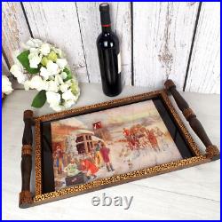 Grand plateau pour cocktails et liqueurs en verre & bois cuivre Art Déco France