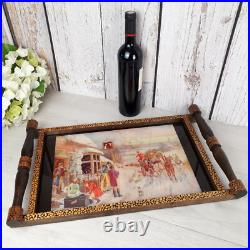 Grand plateau pour cocktails et liqueurs en verre & bois cuivre Art Déco France